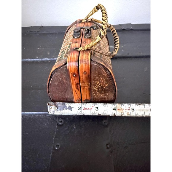 Vintage Woven Bamboo Wood Trinket Box Handbag Barrel Mini Purse Natural Brown - Picture 7 of 7